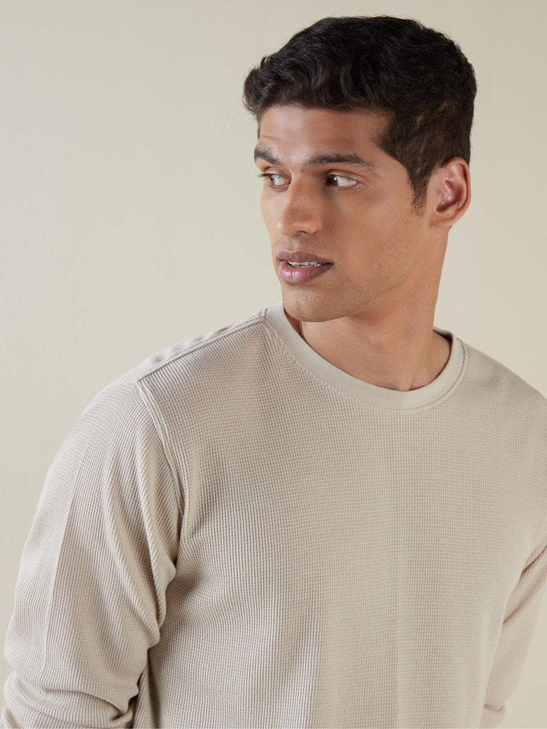 Westside ETA Men's Beige Self-Textured Cotton-Blend Slim-Fit T-Shirt for Casual Wear Zoomed View