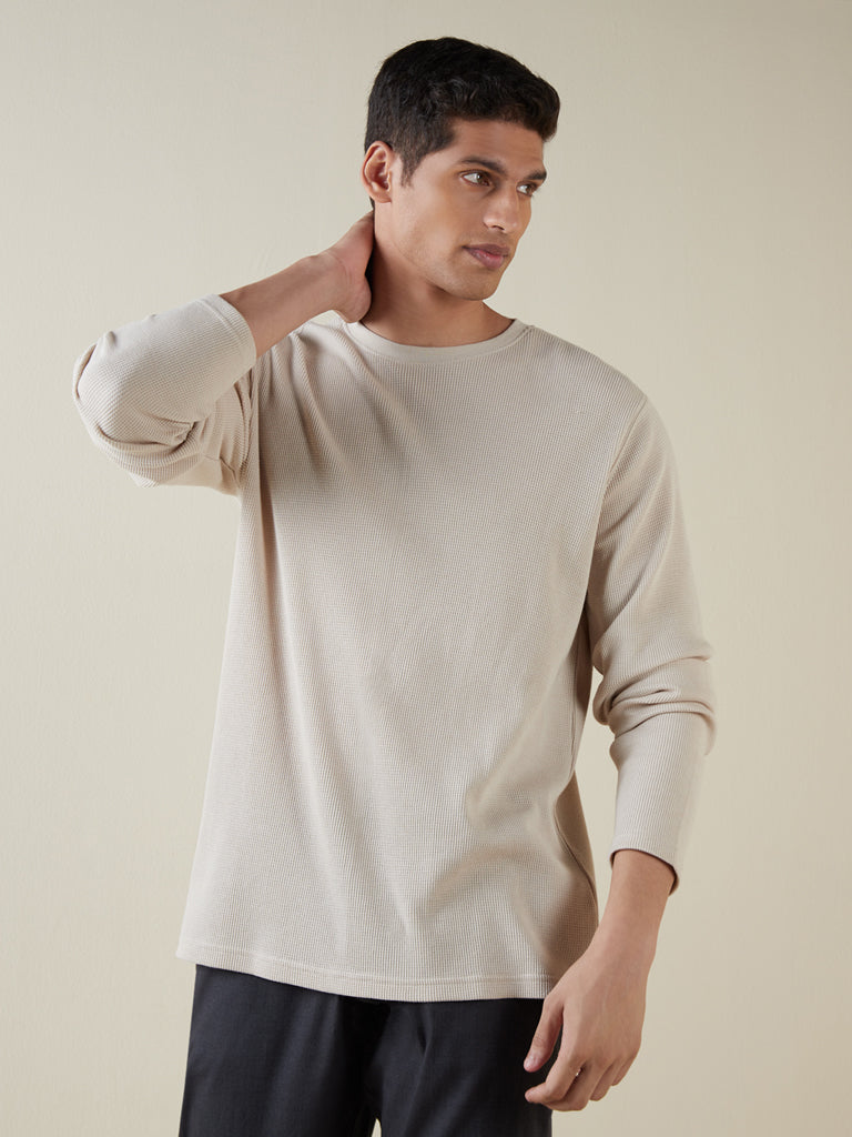Westside ETA Men's Beige Self-Textured Cotton-Blend Slim-Fit T-Shirt for Casual Wear Front View