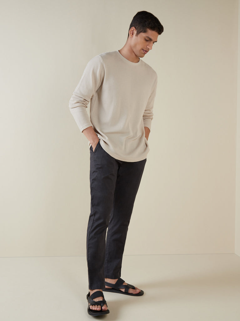 Westside ETA Men's Beige Self-Textured Cotton-Blend Slim-Fit T-Shirt for Casual Wear Full View