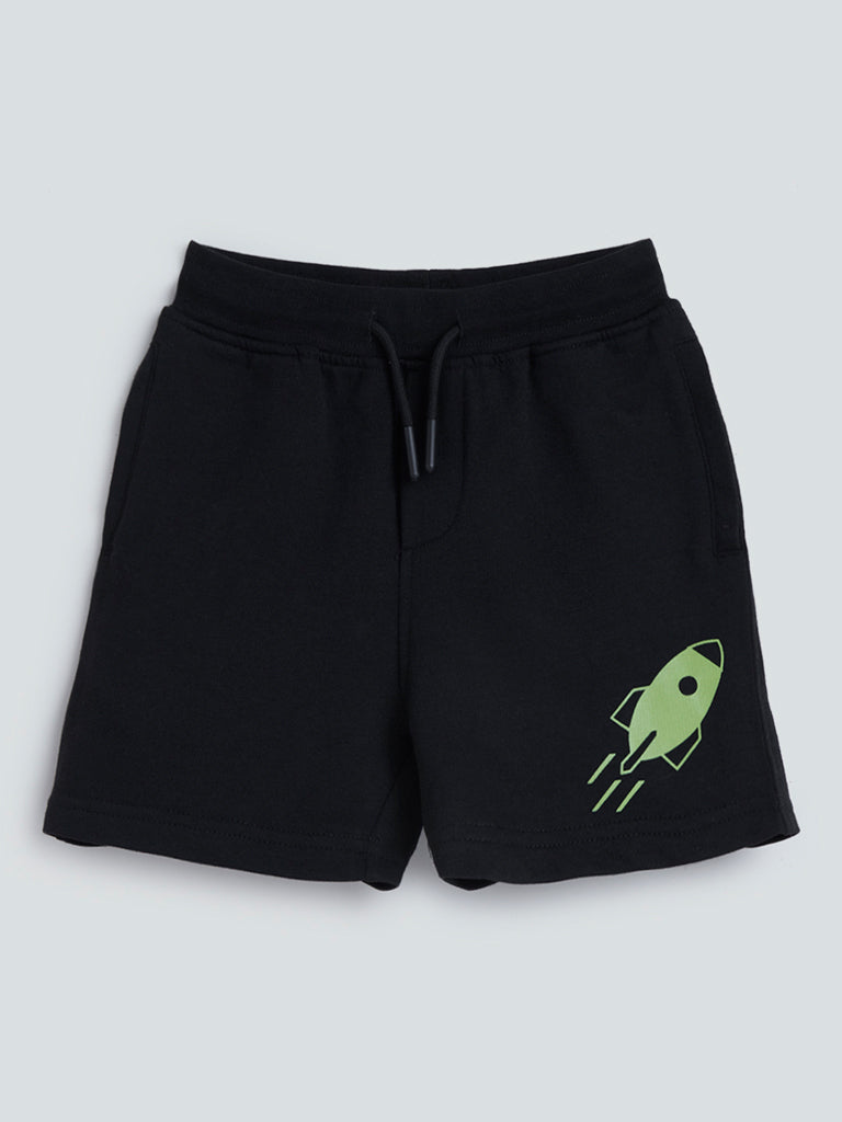 HOP Kids Black Printed Cotton-Blend Shorts