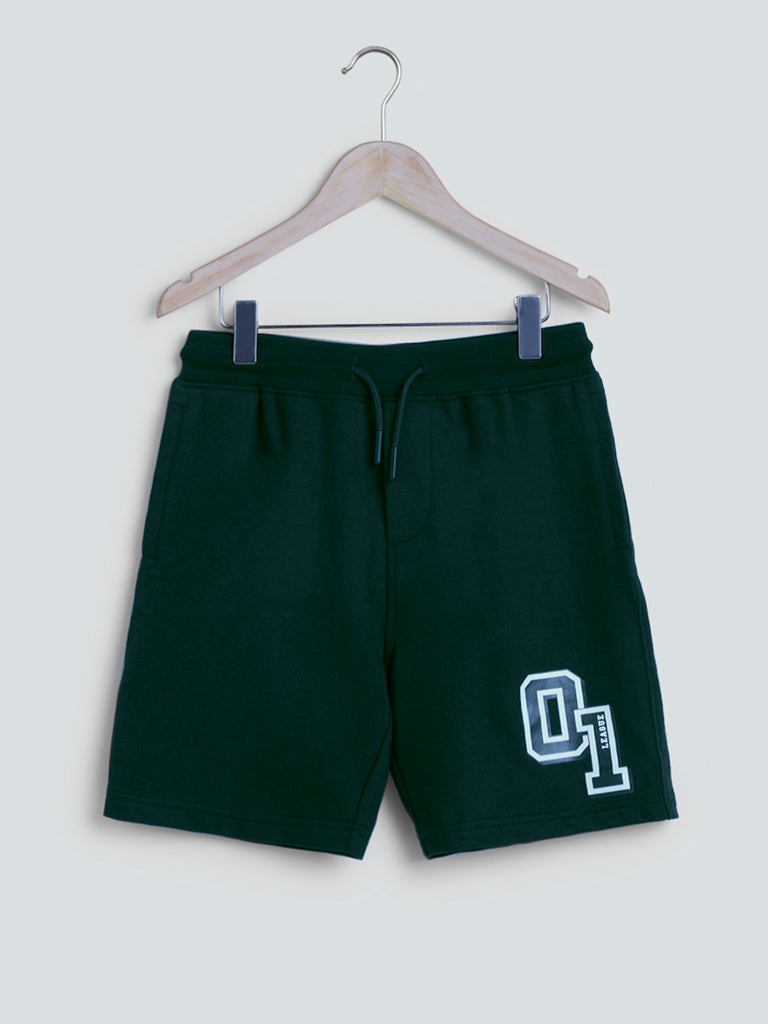 Dark Green Printed Cotton Shorts