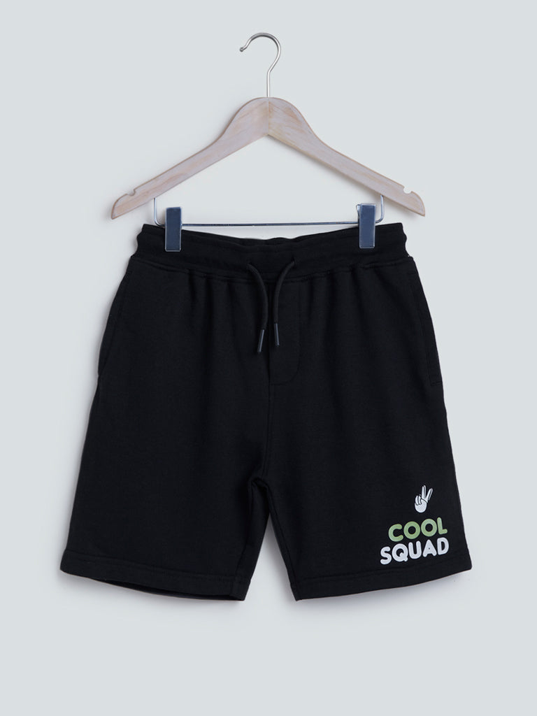 Black Printed Cotton-Blend Shorts