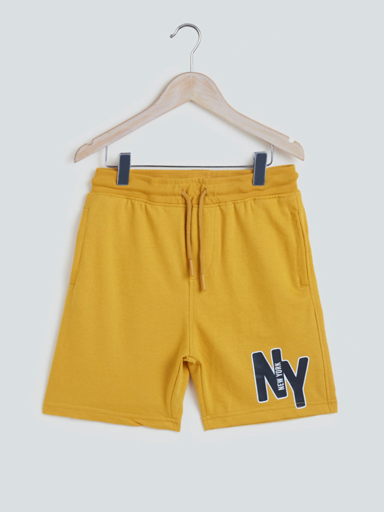 Mustard Text Pattern Cotton-Blend Shorts