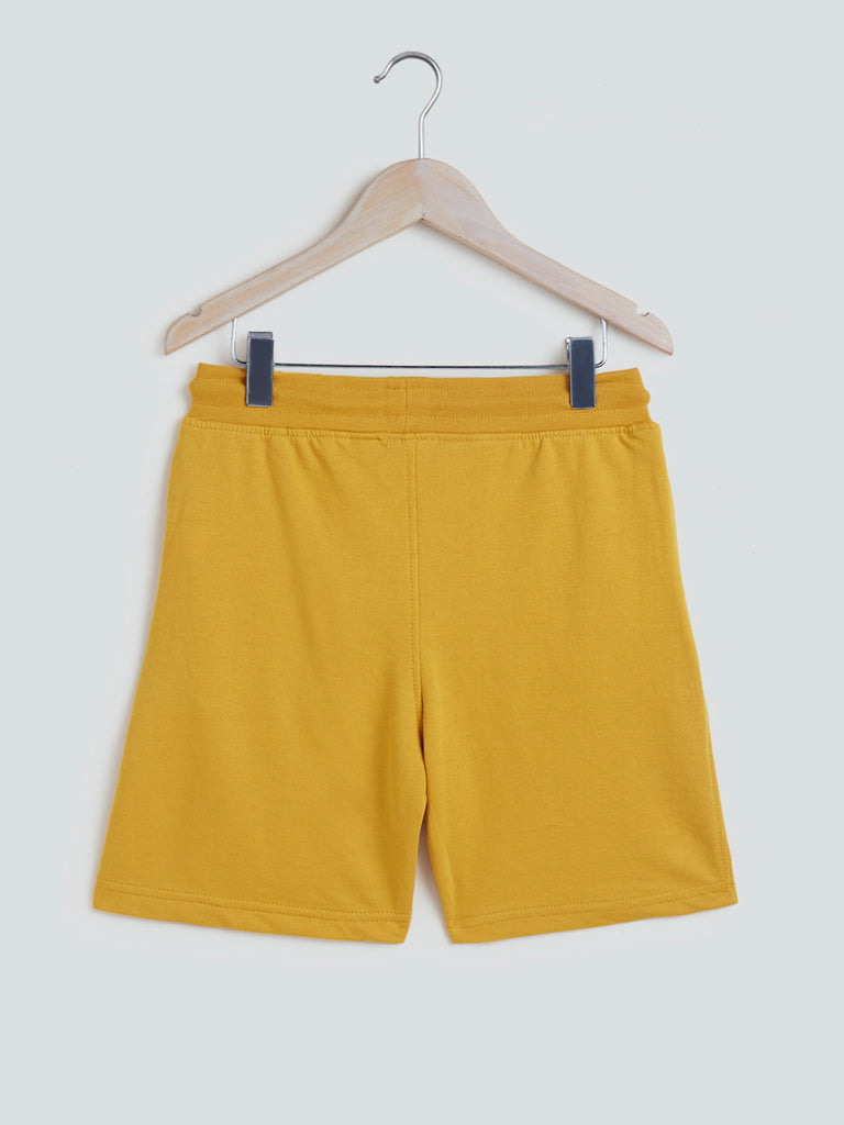 Mustard Text Pattern Cotton-Blend Shorts