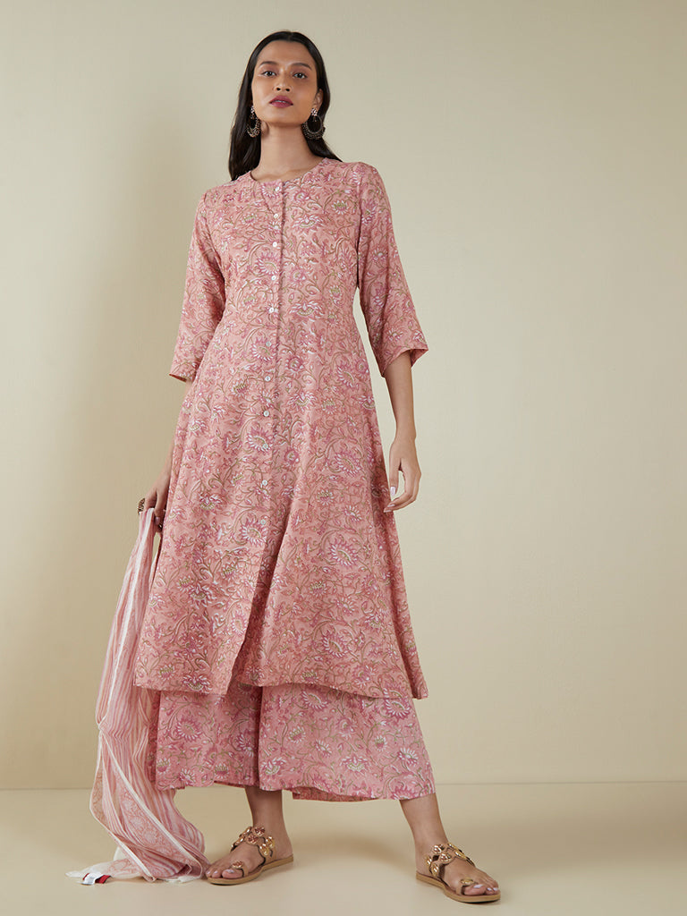 Zuba Pink Floral-Printed Cotton-Blend Stole