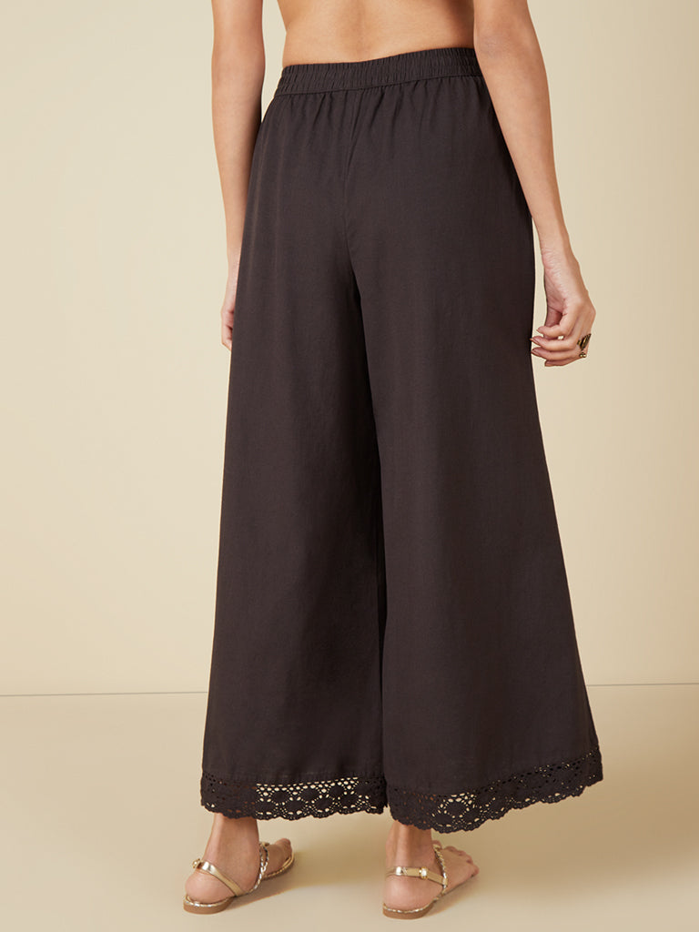 Utsa Black Crochet-Detailed Flared Palazzos