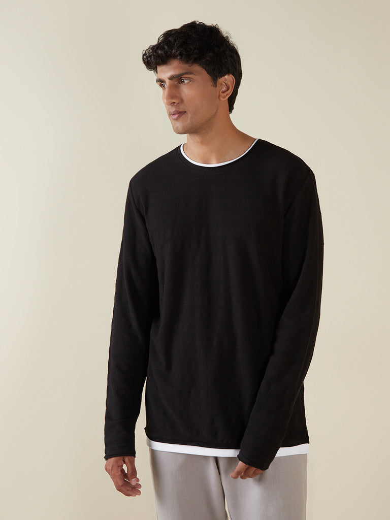 Westside ETA Men's Black Round-Neck Pure Cotton T-Shirt for Casual Wear Front View