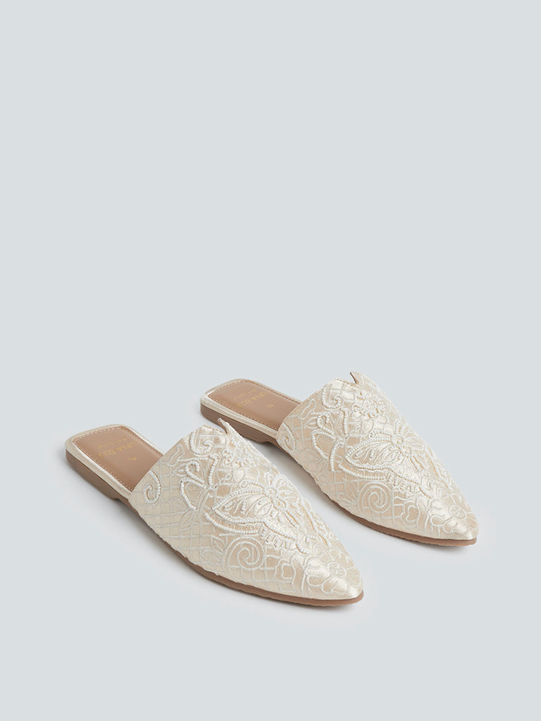 Westside LUNA BLU Women's Beige Beaded Artisanal Mules Front View