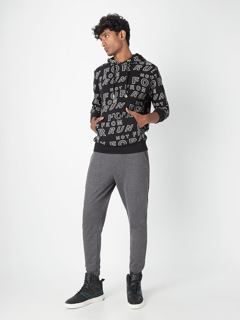 Westside Studiofit Men's Black Text-Printed Cotton Hooded Sweatshirt for Sports Wear Full View