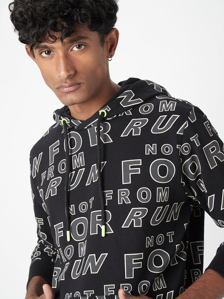 Westside Studiofit Men's Black Text-Printed Cotton Hooded Sweatshirt for Sports Wear Zoomed View