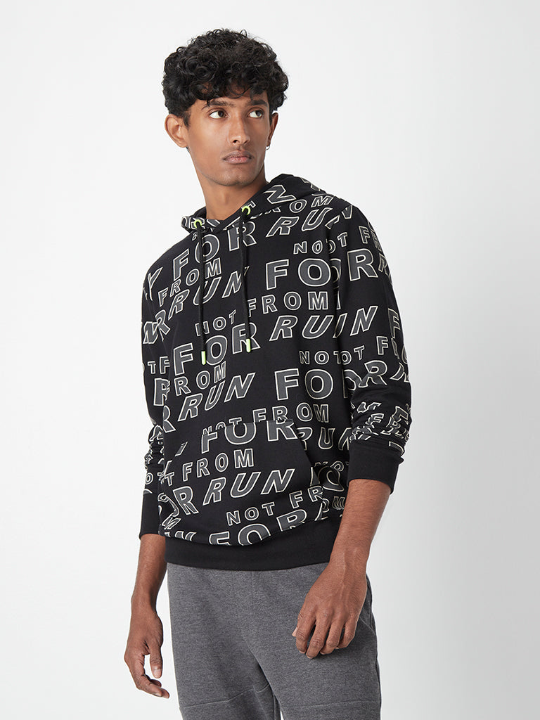 Westside Studiofit Men's Black Text-Printed Cotton Hooded Sweatshirt for Sports Wear Front View