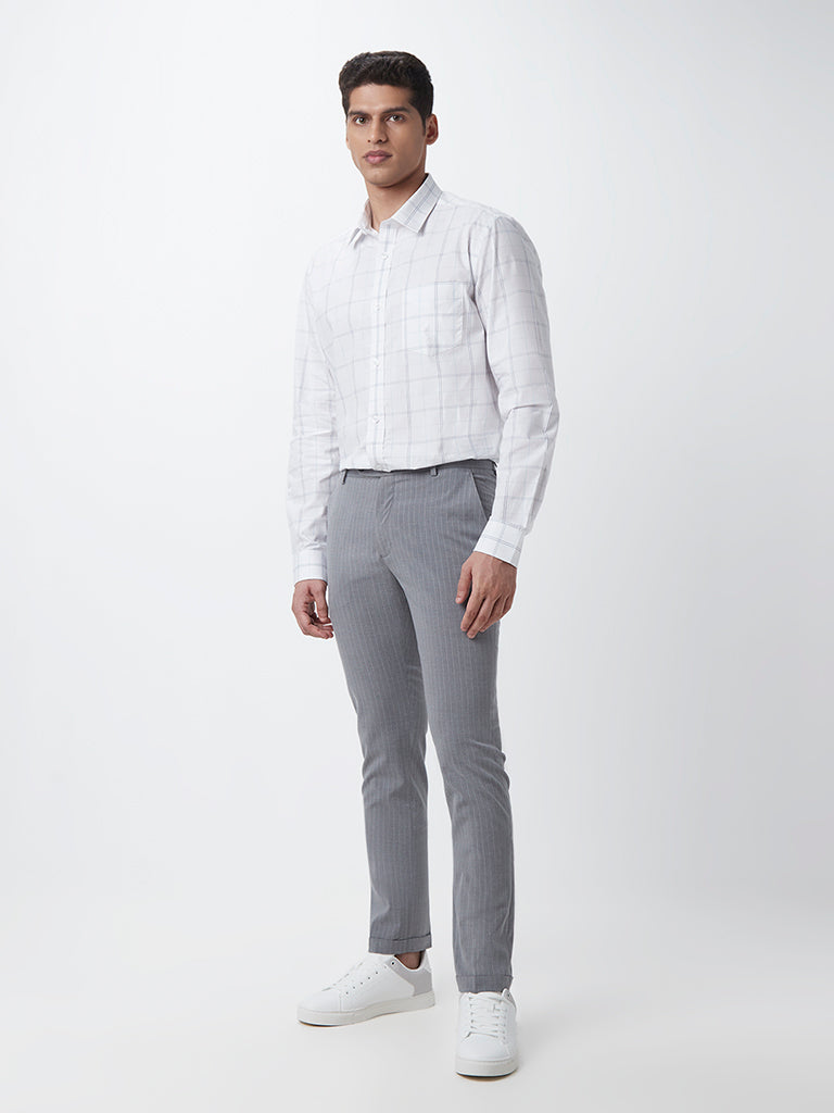Westside WES Formals Men's Grey Striped Slim-Fit Mid-Rise Trousers for Work Wear Full View