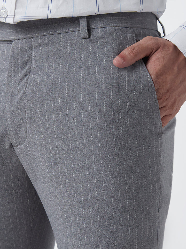 Westside WES Formals Men's Grey Striped Slim-Fit Mid-Rise Trousers for Work Wear Zoomed View