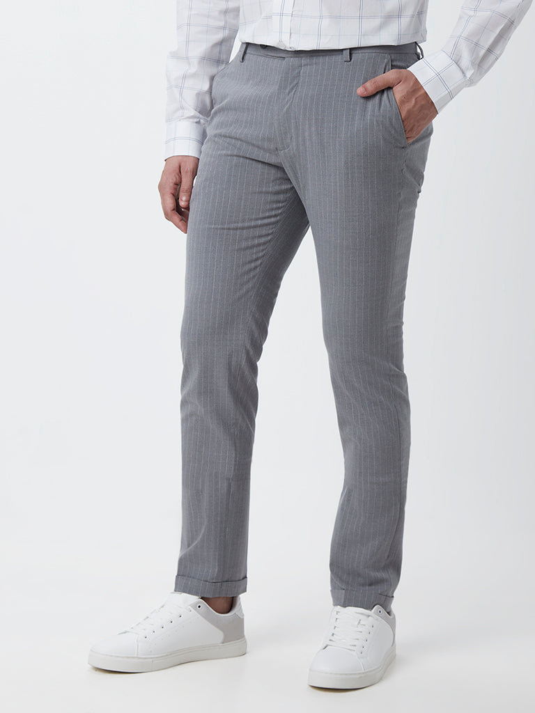 Westside WES Formals Men's Grey Striped Slim-Fit Mid-Rise Trousers for Work Wear Front View