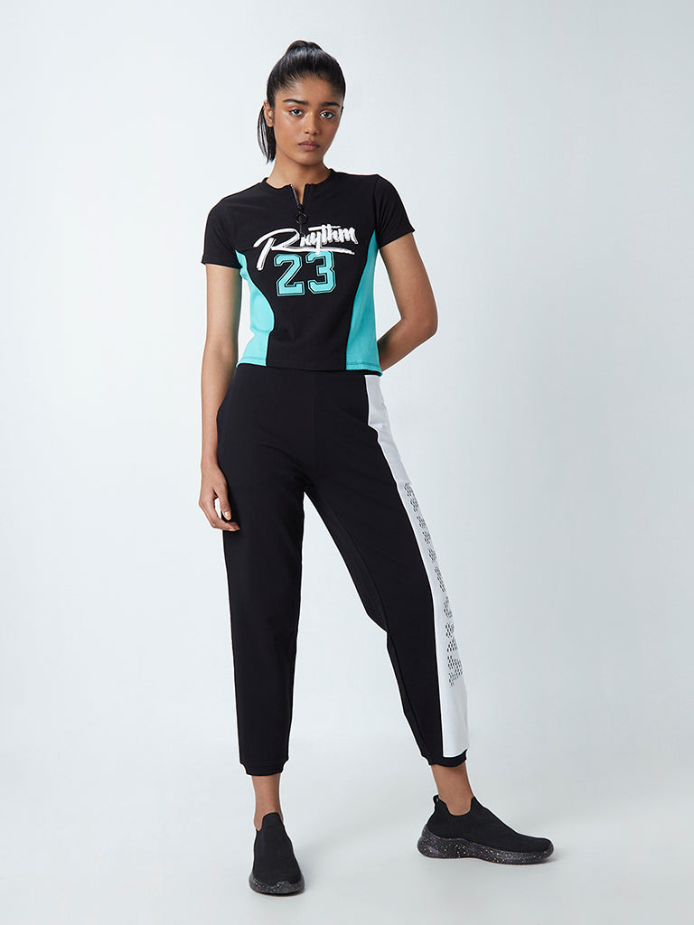 Westside Studiofit Women's Black Typographic Design Cotton-Blend Crop T-Shirt for Sports Wear Full View