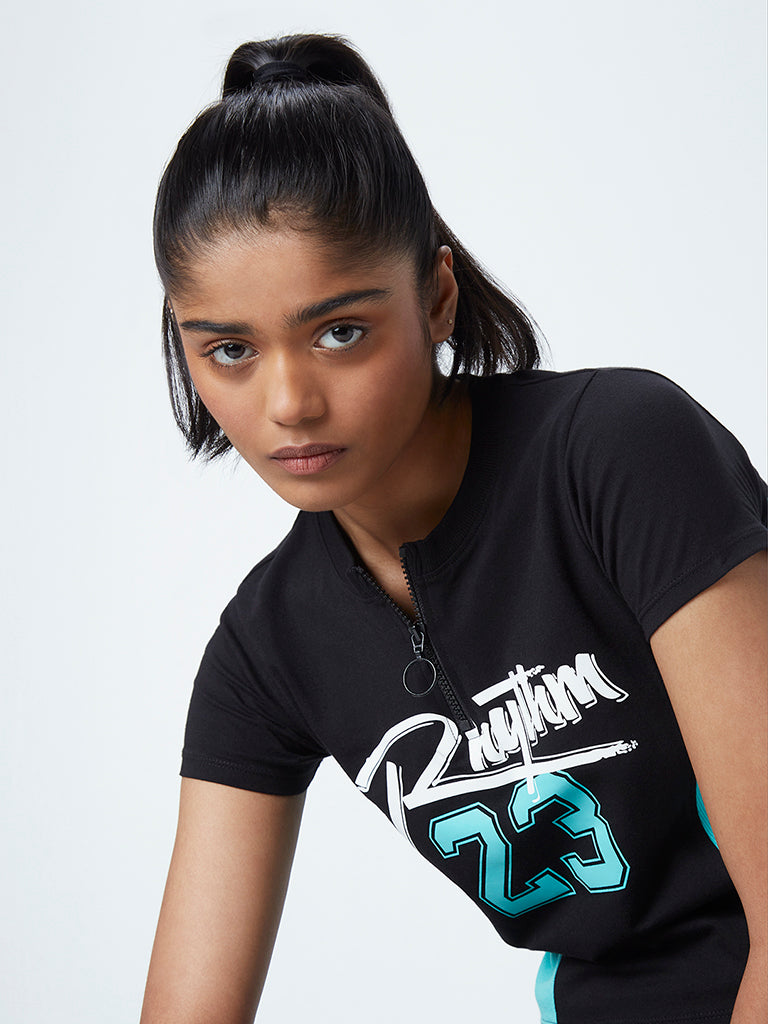 Westside Studiofit Women's Black Typographic Design Cotton-Blend Crop T-Shirt for Sports Wear Zoomed View