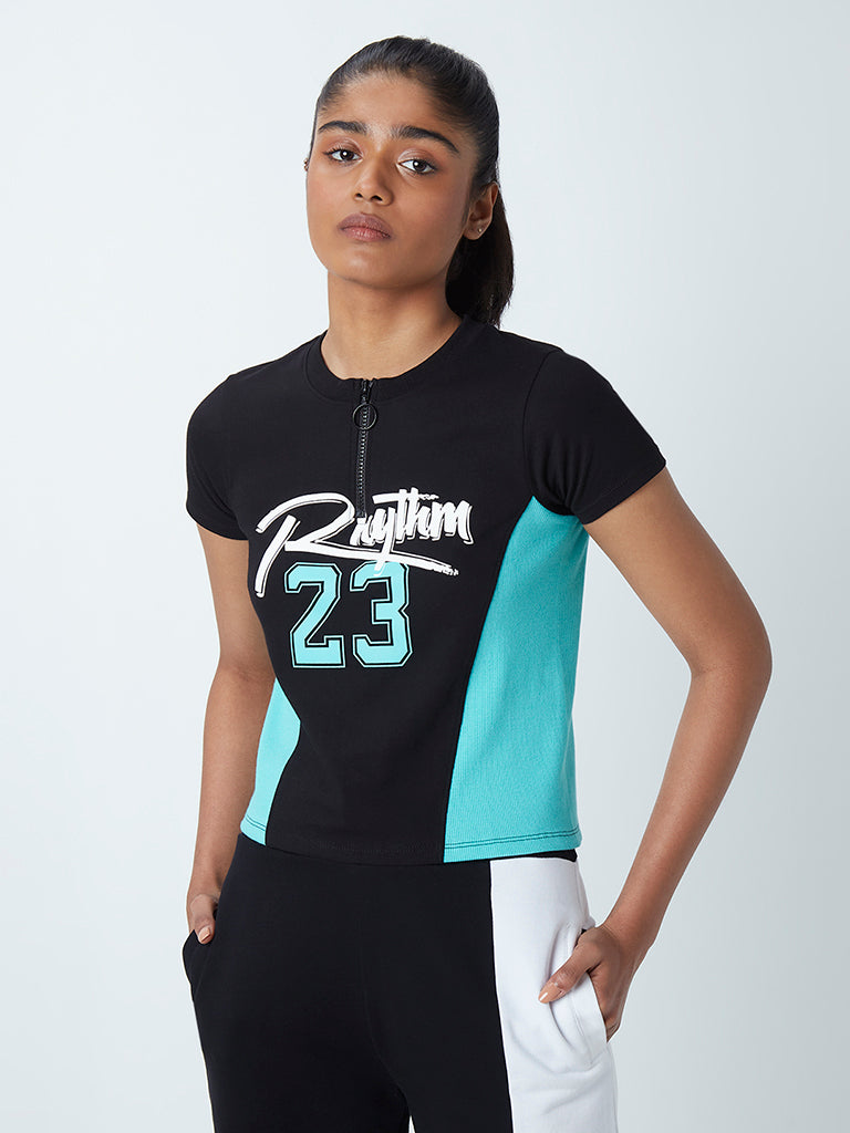Westside Studiofit Women's Black Typographic Design Cotton-Blend Crop T-Shirt for Sports Wear Front View