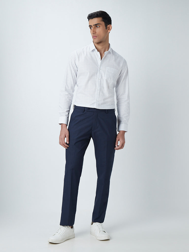 Westside WES Formals Men's Navy Checkered Relaxed-Fit Mid-Rise Trousers for Work Wear Full View
