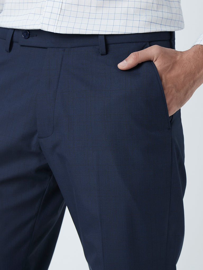 Westside WES Formals Men's Navy Checkered Relaxed-Fit Mid-Rise Trousers for Work Wear Zoomed View