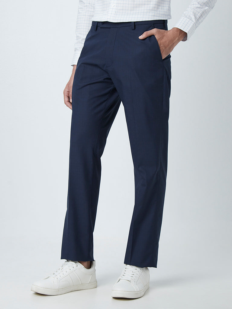 Westside WES Formals Men's Navy Checkered Relaxed-Fit Mid-Rise Trousers for Work Wear Front View
