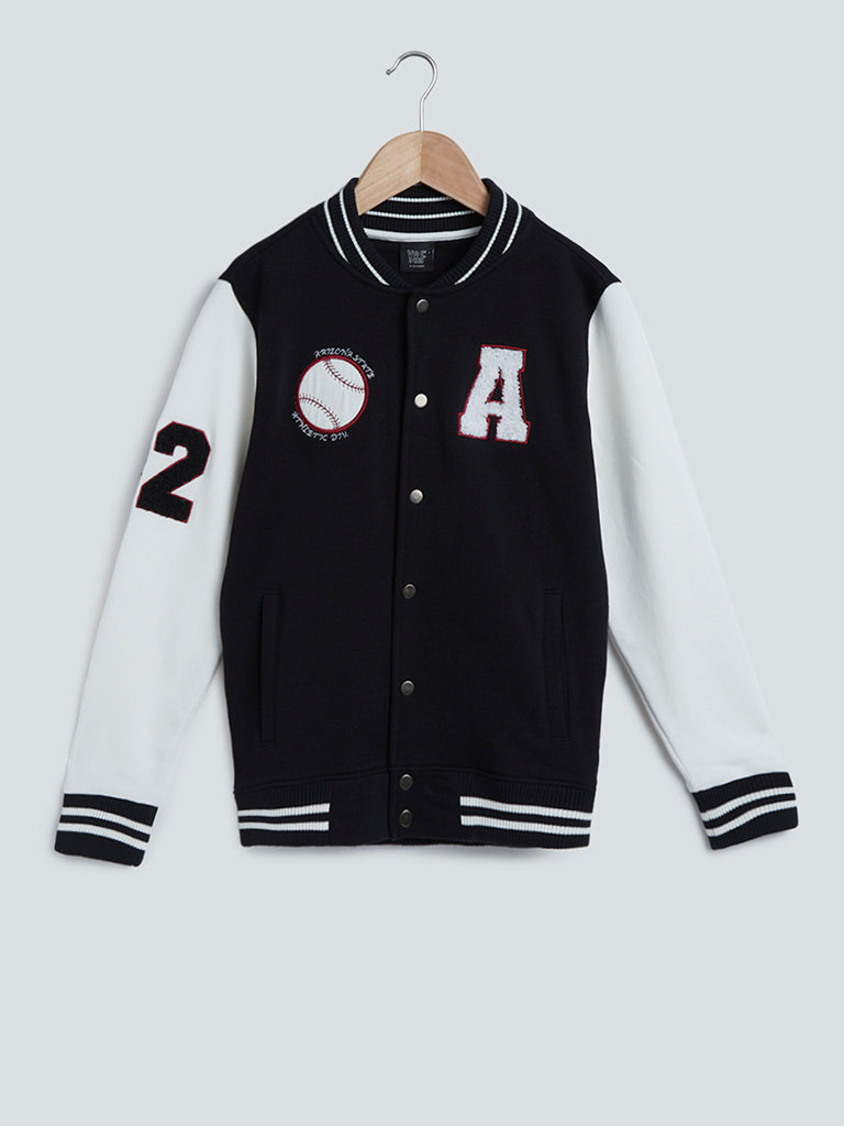 Black Printed Cotton-Blend Varsity Jacket
