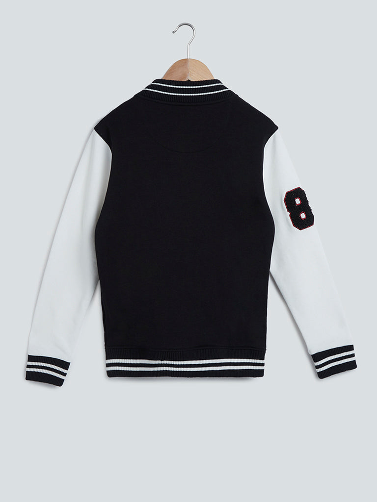 Black Printed Cotton-Blend Varsity Jacket