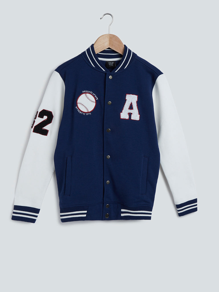 Navy Printed Cotton-Blend Varsity Jacket