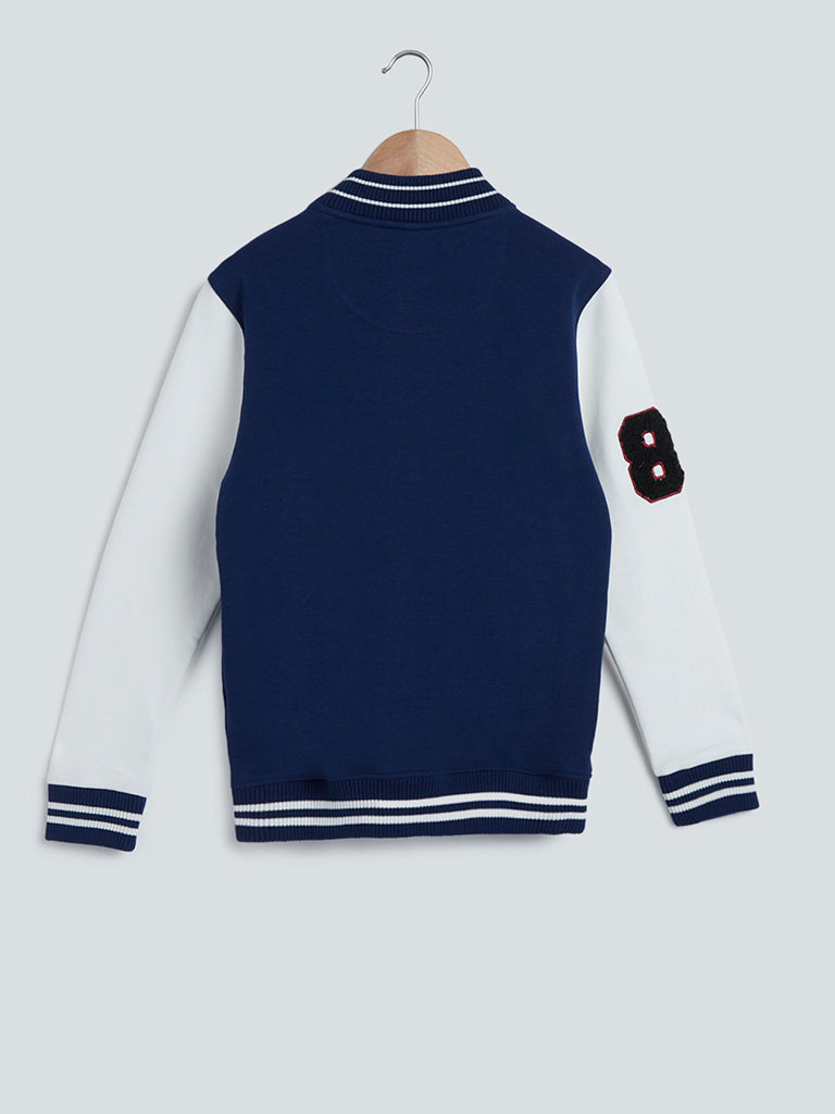 Navy Printed Cotton-Blend Varsity Jacket