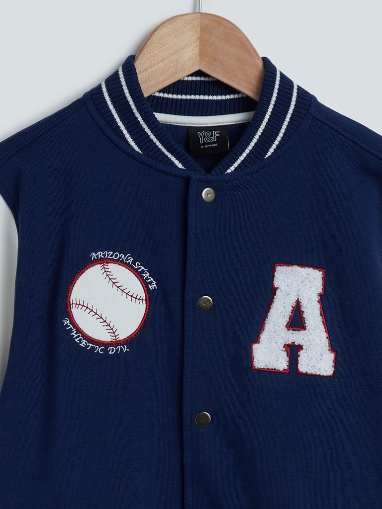 Navy Printed Cotton-Blend Varsity Jacket