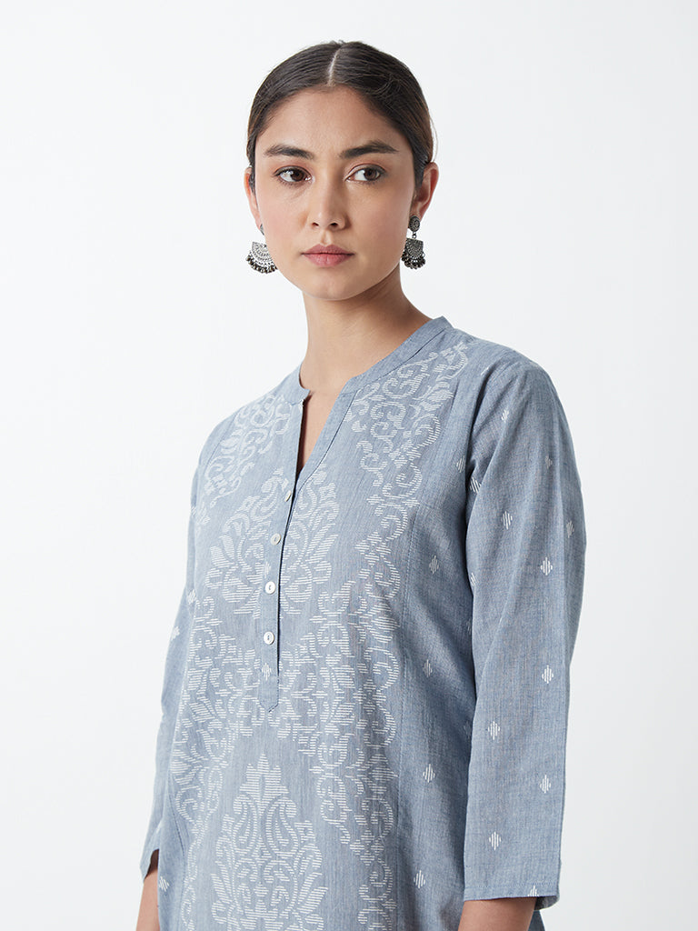 Utsa Blue Floral Print A-Line Kurta
