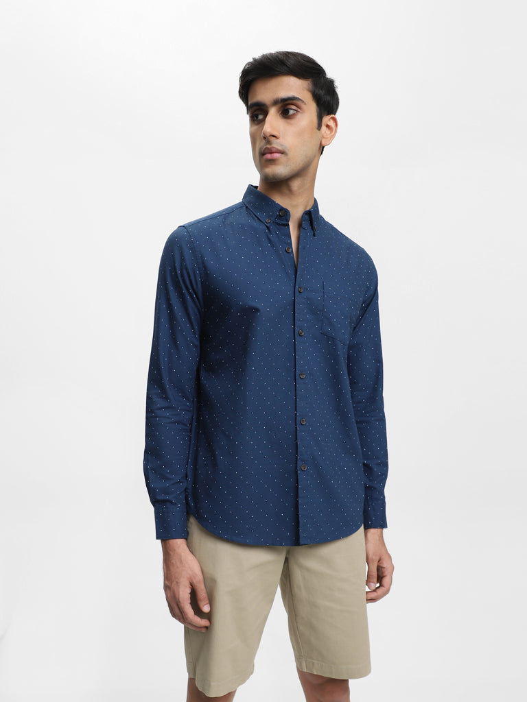 Westside WES Casuals Men's Printed Navy Cotton Slim-Fit Shirt for Casual Wear Front View
