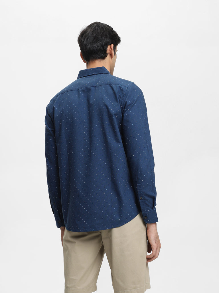 Westside WES Casuals Men's Printed Navy Cotton Slim-Fit Shirt for Casual Wear Back View