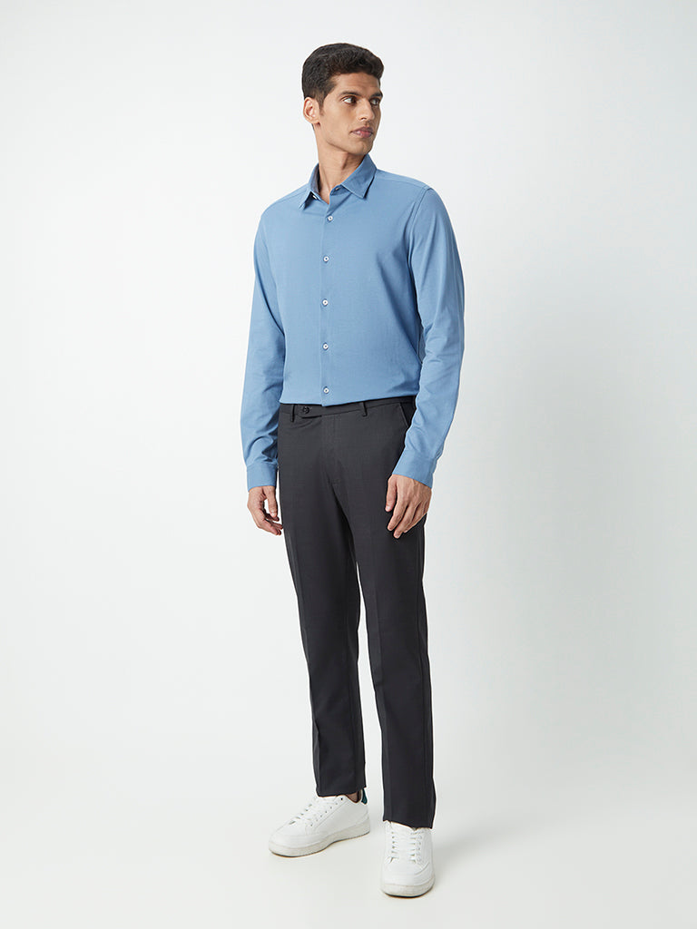 Westside WES Formals Men's Blue Self-Patterned Cotton-Blend Slim-Fit Shirt for Work Wear Full View