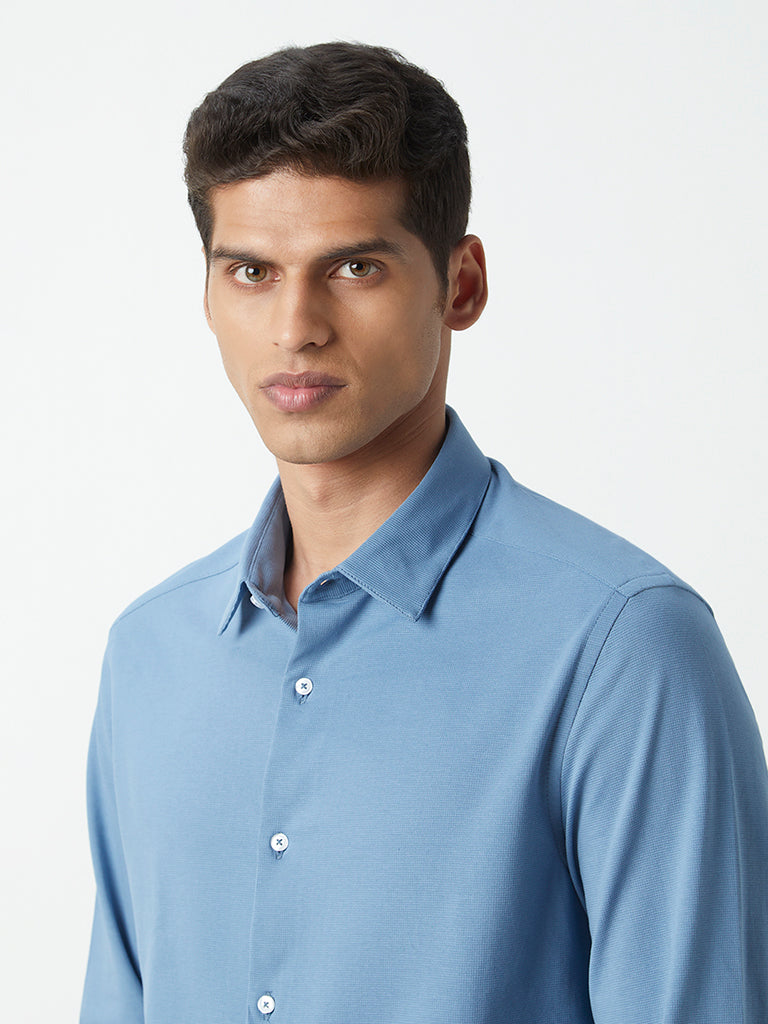 Westside WES Formals Men's Blue Self-Patterned Cotton-Blend Slim-Fit Shirt for Work Wear Zoomed View