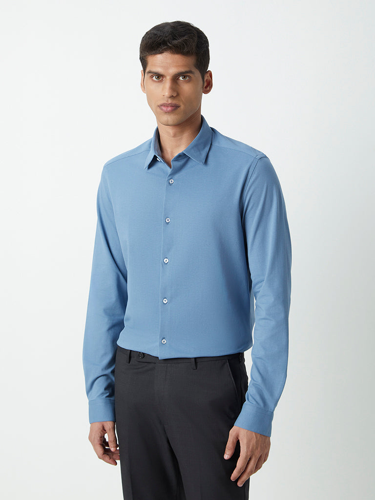 Westside WES Formals Men's Blue Self-Patterned Cotton-Blend Slim-Fit Shirt for Work Wear Front View