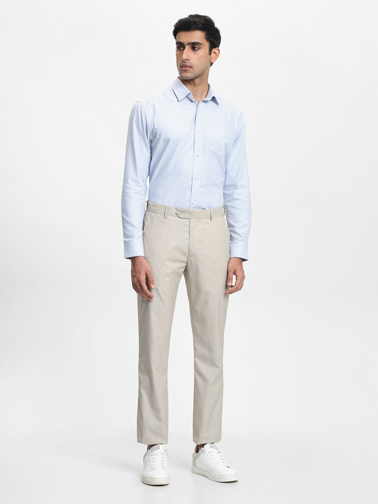 Westside WES Formals Men's Dobby Beige Relaxed-Fit Mid-Rise Trousers for Work Wear Full View