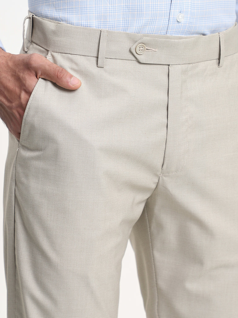 Westside WES Formals Men's Dobby Beige Relaxed-Fit Mid-Rise Trousers for Work Wear Zoomed View
