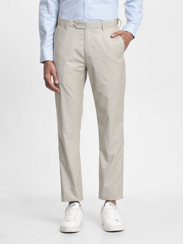 Westside WES Formals Men's Dobby Beige Relaxed-Fit Mid-Rise Trousers for Work Wear Front View