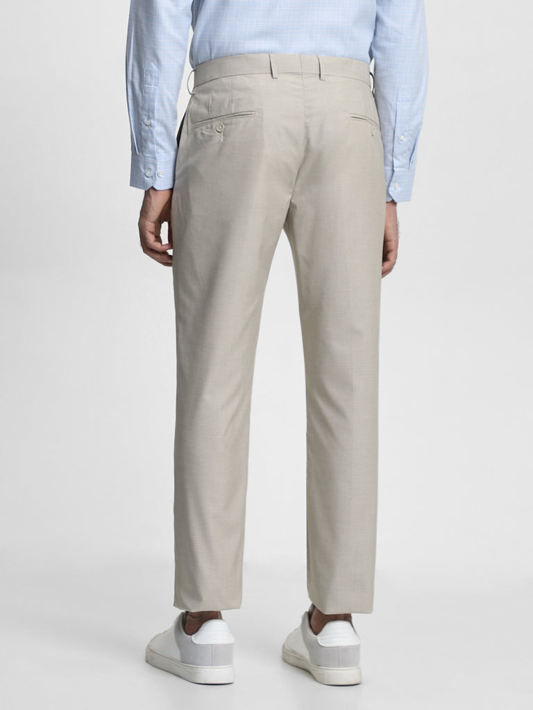 Westside WES Formals Men's Dobby Beige Relaxed-Fit Mid-Rise Trousers for Work Wear Back View