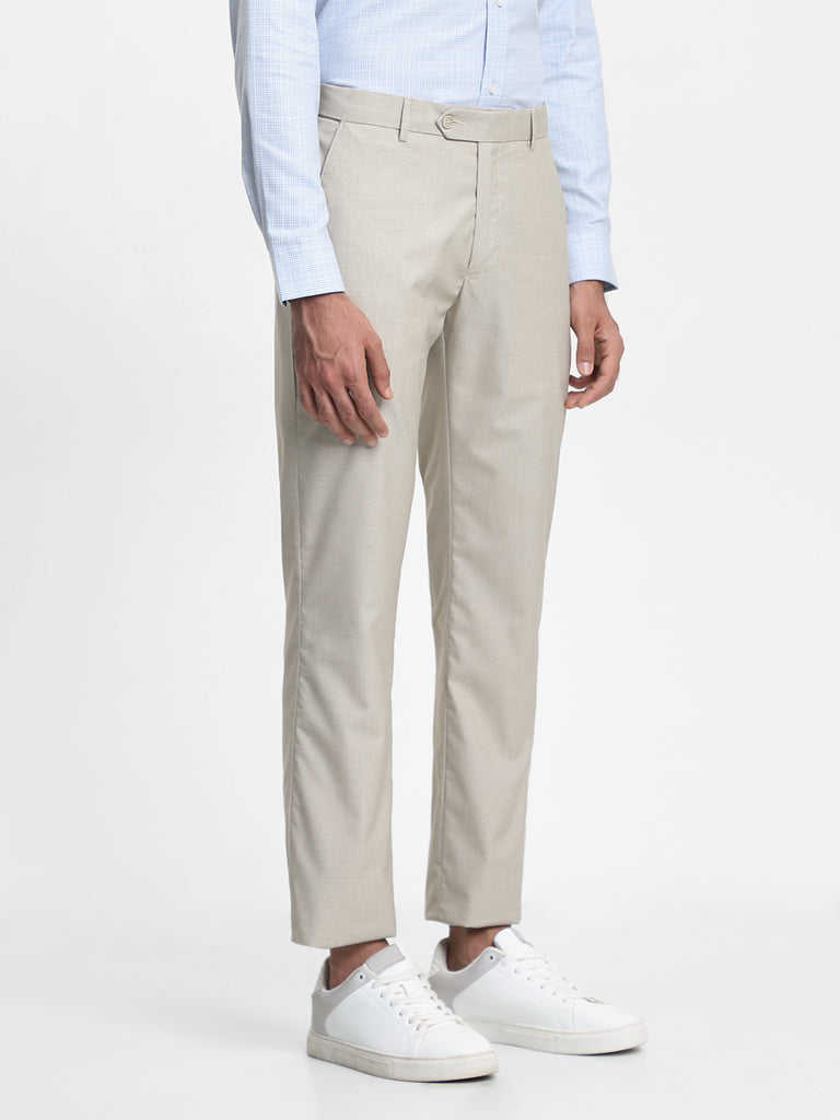 Westside WES Formals Men's Dobby Beige Relaxed-Fit Mid-Rise Trousers for Work Wear Side View